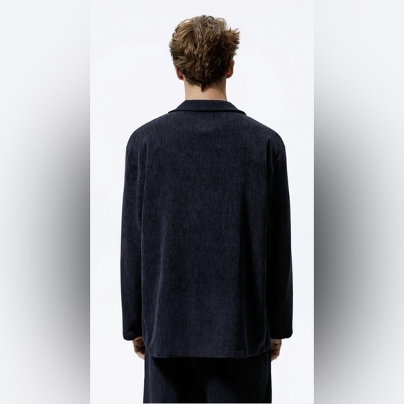 ZARA Man Large Navy Blue Relaxed Fit Corduroy Suit Button Down Shirt Shacket - Picture 8 of 16